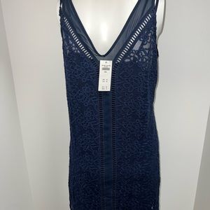 Blue lace sleeveless slip dress with lace overlay